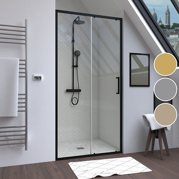AURLANE - Porte de douche coulissante 100x200 cm - Verre transparent - Profilé Noir - CRUSH - large