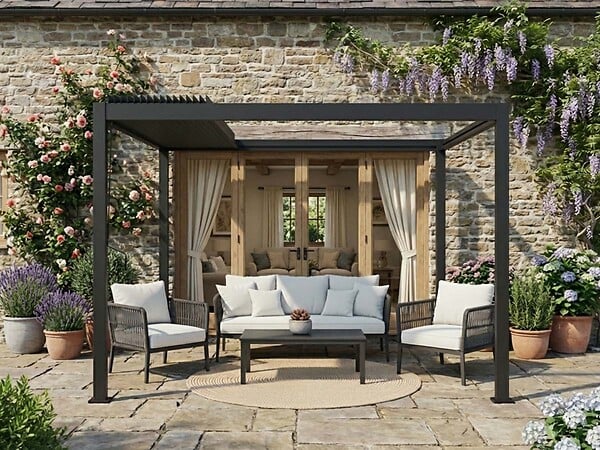 HESPERIDE - Pergola bioclimatique toit rétractable Evora Graphite - 4 x 3 m - Hespéride - large