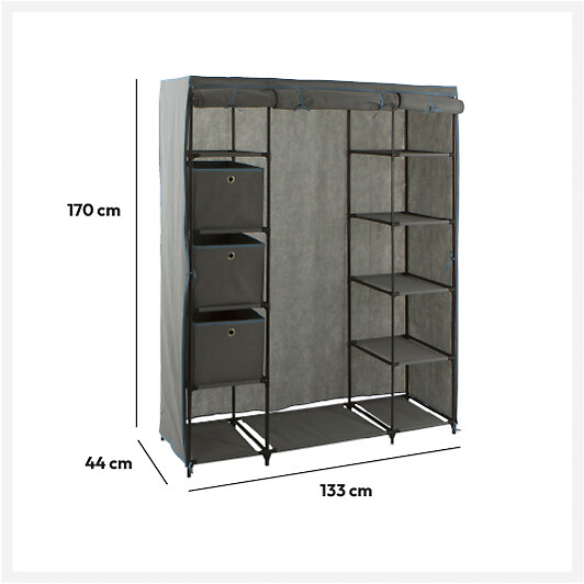 5 FIVE SIMPLY SMART - Armoire penderie 3 boîtes tissu gris anthracite - large