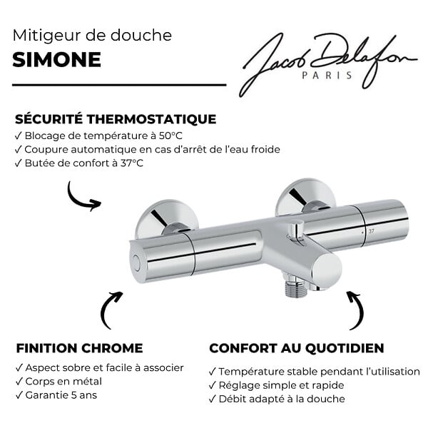 JACOB DELAFON - Jacob Delafon mitigeur thermostatique bain douche mural Simone Chrome - large