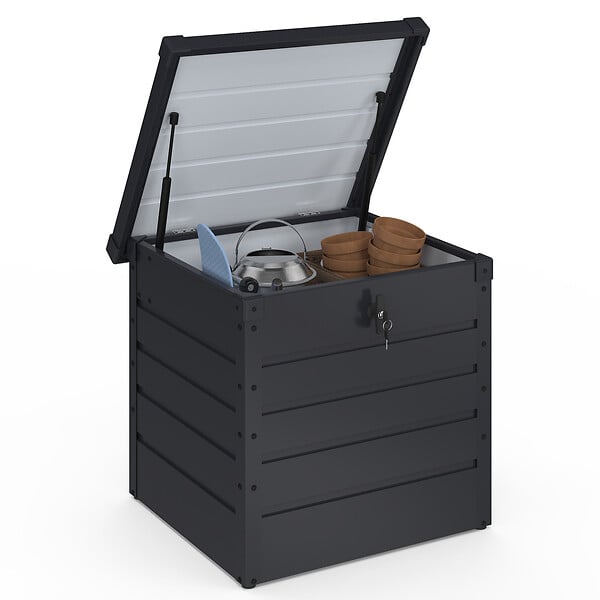 ID MARKET - Coffre de rangement métal verrouillable gris anthracite pour jardin 200L 68x62,5x63 cm - large