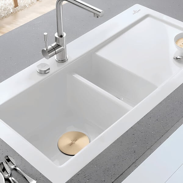 VILLEROY ET BOCH - Evier 1 bac et demi  Subway Pure 60 100 x 51 égouttoir à gauche céramique sans vidage blanc + Egouttoir déroulable - large