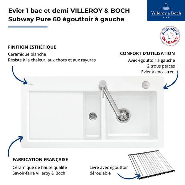 VILLEROY ET BOCH - Evier 1 bac et demi  Subway Pure 60 100 x 51 égouttoir à gauche céramique sans vidage blanc + Egouttoir déroulable - large