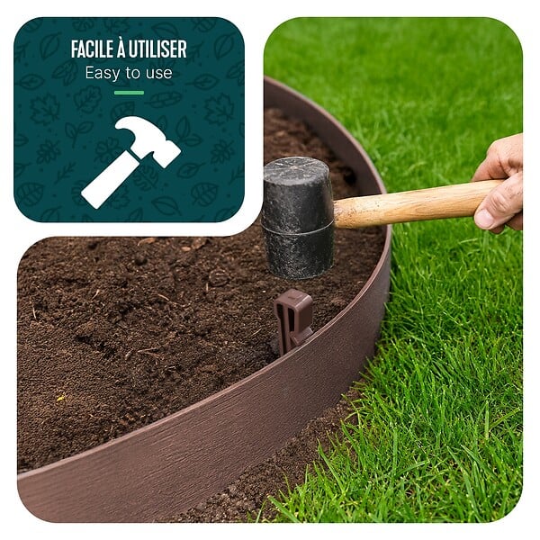 VOUNOT - Bordure de jardin PE haute flexible 20M avec piquets marron - large