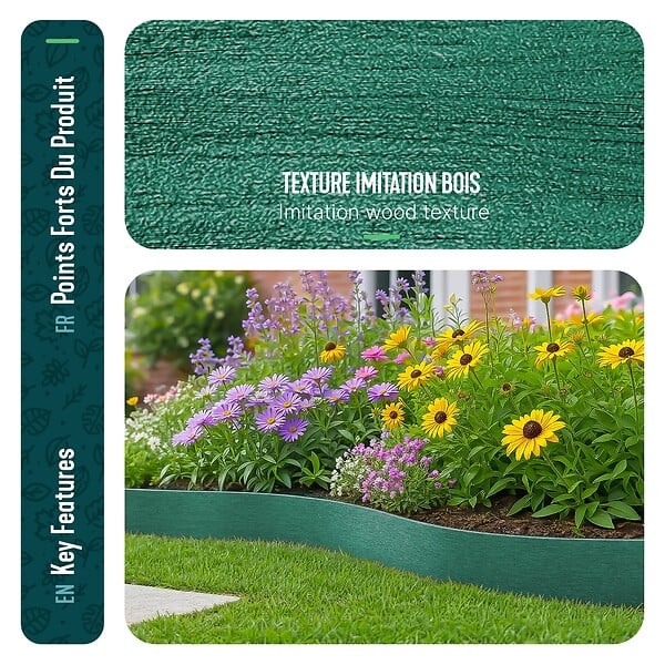 VOUNOT - Bordure de jardin PE haute flexible 20M avec piquets vert - large