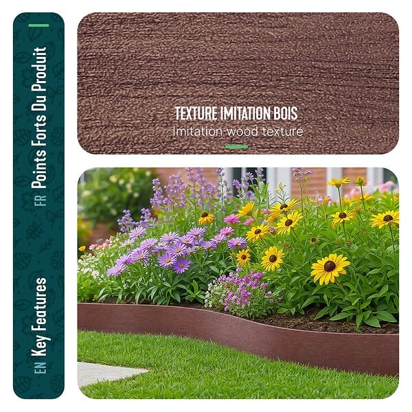 VOUNOT - Bordure de jardin PE flexible 20M x 8 CM avec piquets marron - large