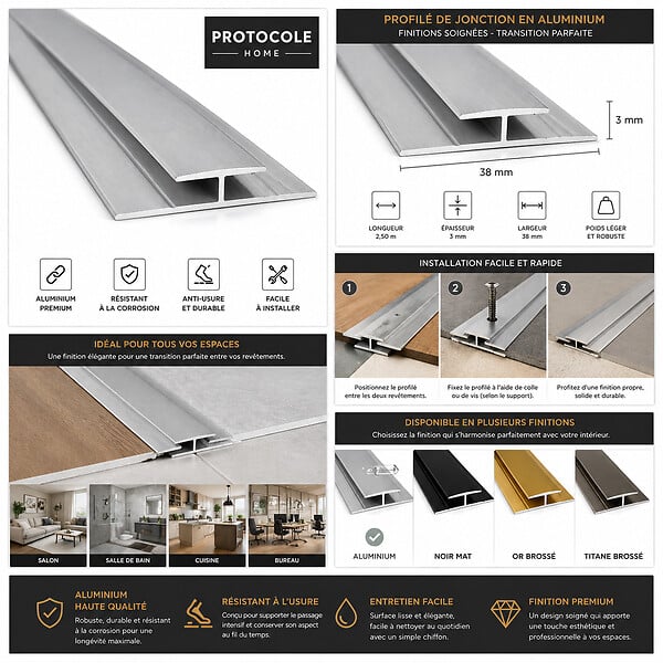 PROTOCOLE HOME - Profil de jonction aluminium 13 mm - 2,80 m - noir/silver/gold - large
