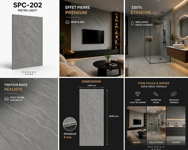 PROTOCOLE HOME - Plaque SPC Effet Marbre Gris PIETRA LIGHT - Revêtement Mural  étanche - SPC-202 - large