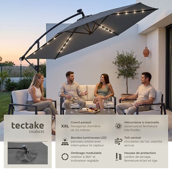 TECTAKE - Parasol a pied central pivotant 360 en polyester gris inclinable led solaire 3,5 x 3,5 m - large