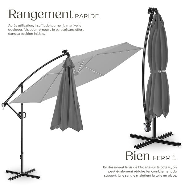 TECTAKE - Parasol a pied central pivotant 360 en polyester gris inclinable led solaire 3,5 x 3,5 m - large
