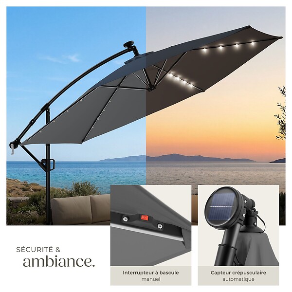 TECTAKE - Parasol a pied central pivotant 360 en polyester gris inclinable led solaire 3,5 x 3,5 m - large