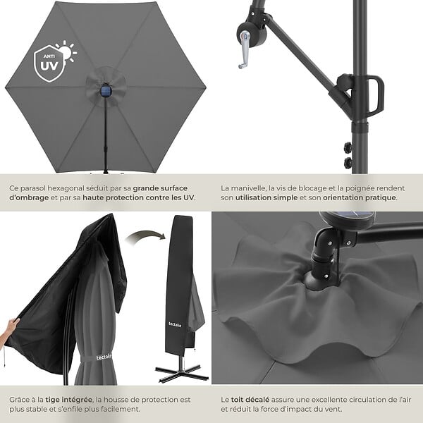 TECTAKE - Parasol a pied central pivotant 360 en polyester gris inclinable led solaire 3,5 x 3,5 m - large