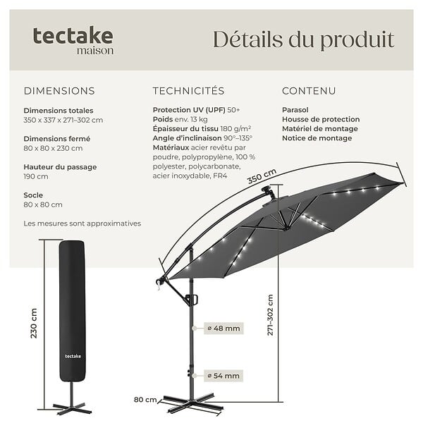 TECTAKE - Parasol a pied central pivotant 360 en polyester gris inclinable led solaire 3,5 x 3,5 m - large
