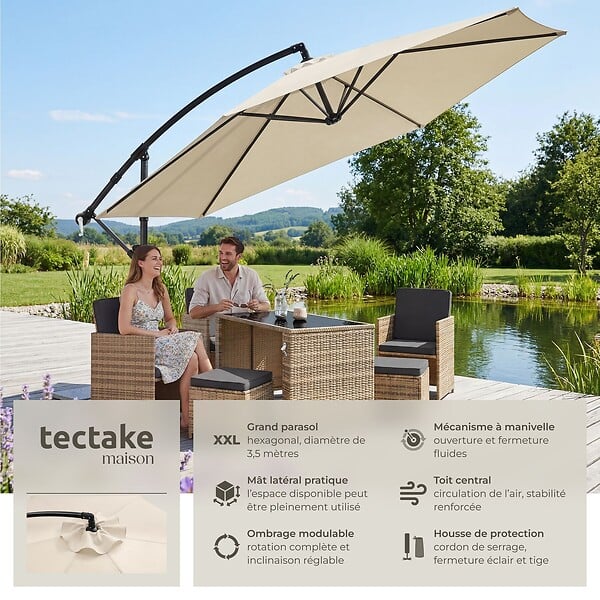 TECTAKE - Parasol à pied central pivotant 360° en polyester beige avec manivelle et toit double ventilé - large