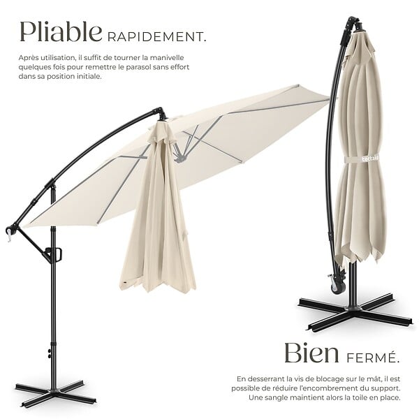TECTAKE - Parasol à pied central pivotant 360° en polyester beige avec manivelle et toit double ventilé - large