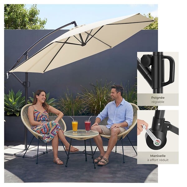 TECTAKE - Parasol à pied central pivotant 360° en polyester beige avec manivelle et toit double ventilé - large