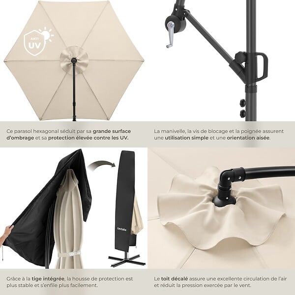 TECTAKE - Parasol à pied central pivotant 360° en polyester beige avec manivelle et toit double ventilé - large