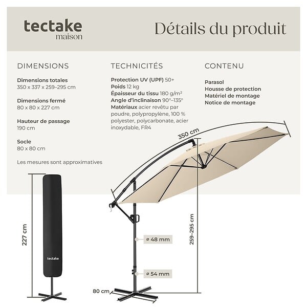 TECTAKE - Parasol à pied central pivotant 360° en polyester beige avec manivelle et toit double ventilé - large