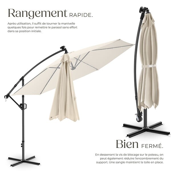 TECTAKE - Parasol à pied central déporté pivotant 360° en polyester beige led solaire 3,5x3,5 m - large