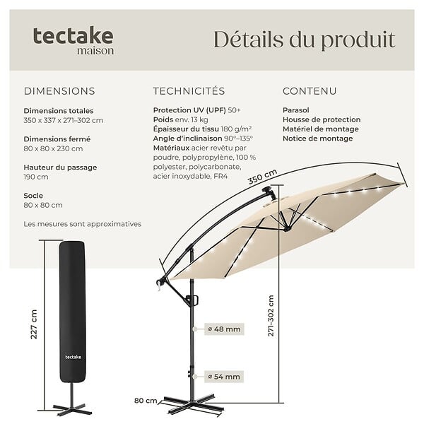 TECTAKE - Parasol à pied central déporté pivotant 360° en polyester beige led solaire 3,5x3,5 m - large