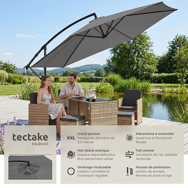 TECTAKE - Parasol à pied central pivotant 360° en acier gris grande taille 3 5 x 3 5 m toile polyester - large