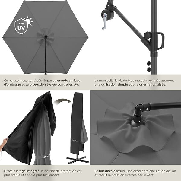 TECTAKE - Parasol à pied central pivotant 360° en acier gris grande taille 3 5 x 3 5 m toile polyester - large