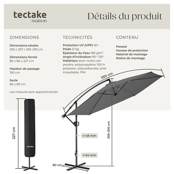 TECTAKE - Parasol à pied central pivotant 360° en acier gris grande taille 3 5 x 3 5 m toile polyester - large