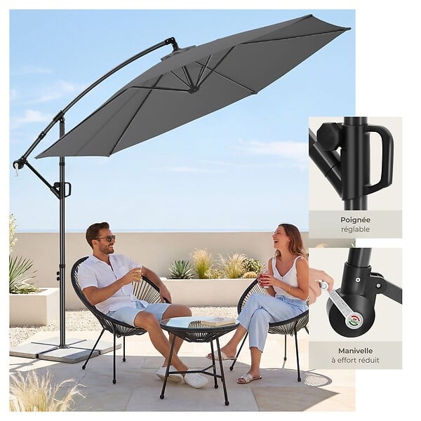 TECTAKE - Parasol à pied central pivotant 360 degrés inclinable gris double toit en polyester 3x3 m - large