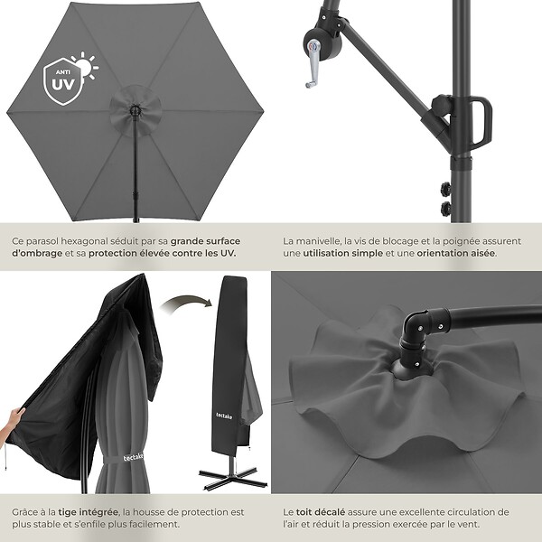 TECTAKE - Parasol à pied central pivotant 360 degrés inclinable gris double toit en polyester 3x3 m - large