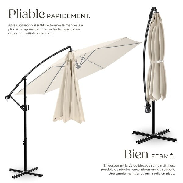 TECTAKE - Parasol à pied central déporté inclinable 360° en polyester beige 3x3 m pivotant double toit - large
