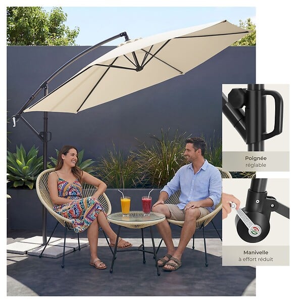 TECTAKE - Parasol à pied central déporté inclinable 360° en polyester beige 3x3 m pivotant double toit - large