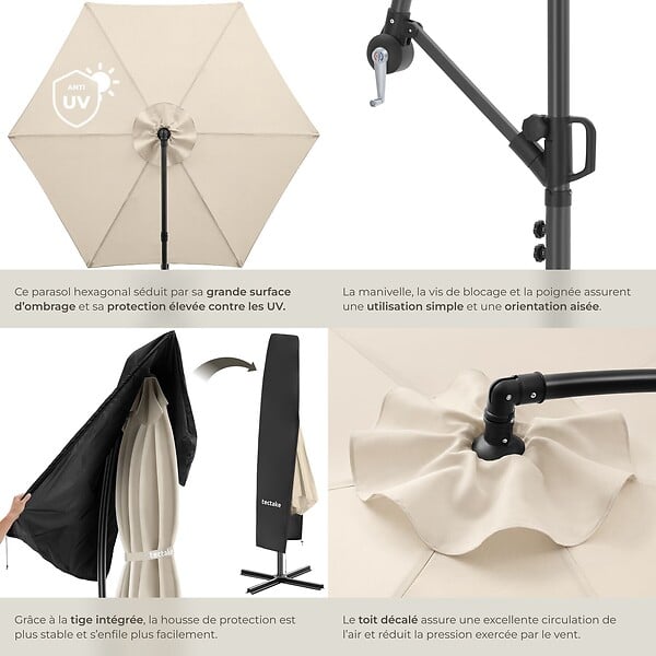 TECTAKE - Parasol à pied central déporté inclinable 360° en polyester beige 3x3 m pivotant double toit - large