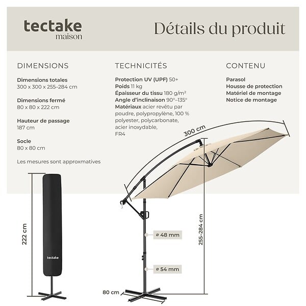 TECTAKE - Parasol à pied central déporté inclinable 360° en polyester beige 3x3 m pivotant double toit - large