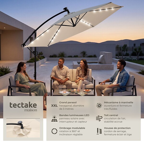 TECTAKE - Parasol Artemis LED pivotant beige solaire 3x3m UV 50+ pour jardin terrasse pied croisé - large