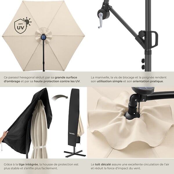TECTAKE - Parasol Artemis LED pivotant beige solaire 3x3m UV 50+ pour jardin terrasse pied croisé - large