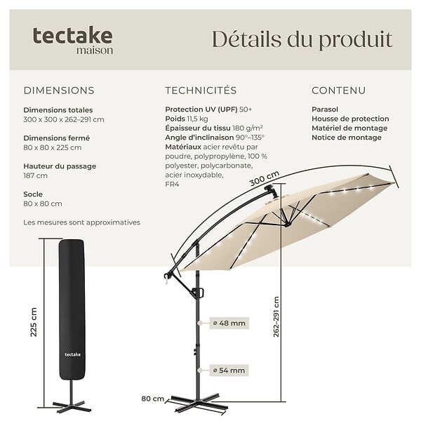 TECTAKE - Parasol Artemis LED pivotant beige solaire 3x3m UV 50+ pour jardin terrasse pied croisé - large