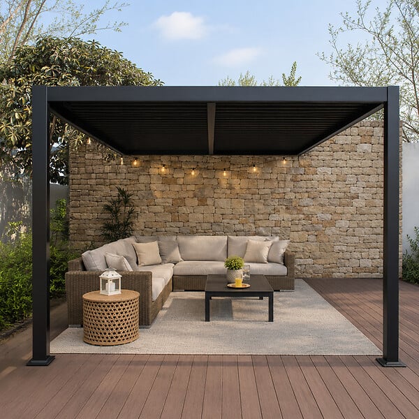CONCEPT USINE - Pergola bioclimatique 4x3m adossée en aluminium noir SIFNOS - large
