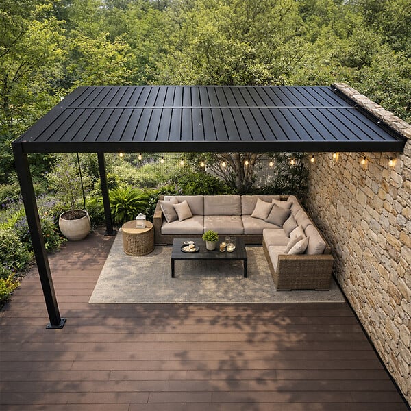 CONCEPT USINE - Pergola bioclimatique 4x3m adossée en aluminium noir SIFNOS - large