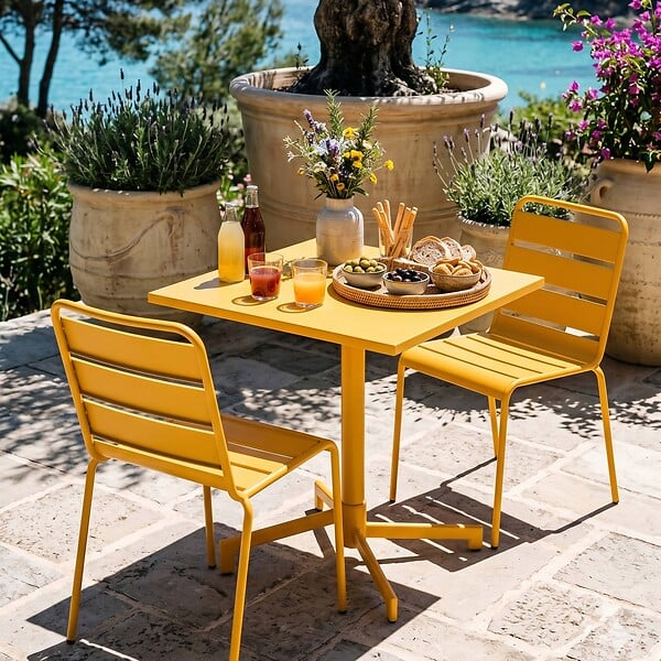 OVIALA - Ensemble table 70 cm et 2 chaises de jardin en métal jaune - Palavas - large