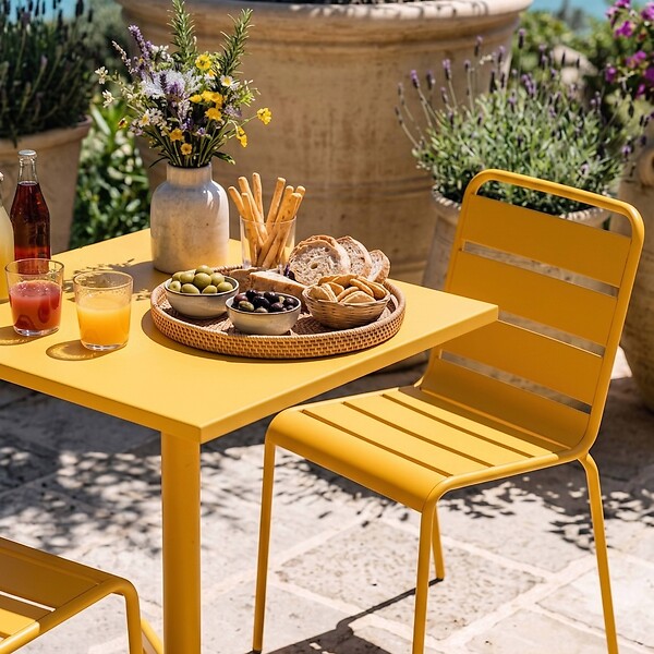 OVIALA - Ensemble table 70 cm et 2 chaises de jardin en métal jaune - Palavas - large