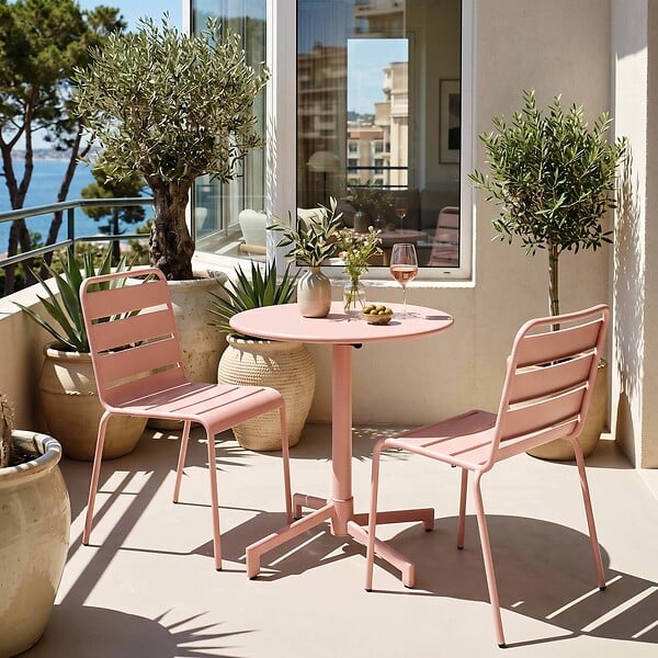 OVIALA - Ensemble table de jardin et 2 chaises en métal rose poudré - Palavas - large