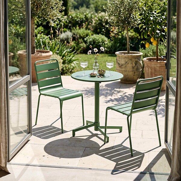 OVIALA - Ensemble table de jardin et 2 chaises en métal vert cactus - Palavas - large