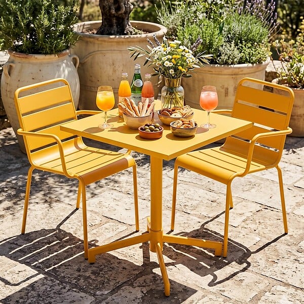 OVIALA - Ensemble table 70 cm et 2 fauteuils de jardin en métal jaune - Palavas - large