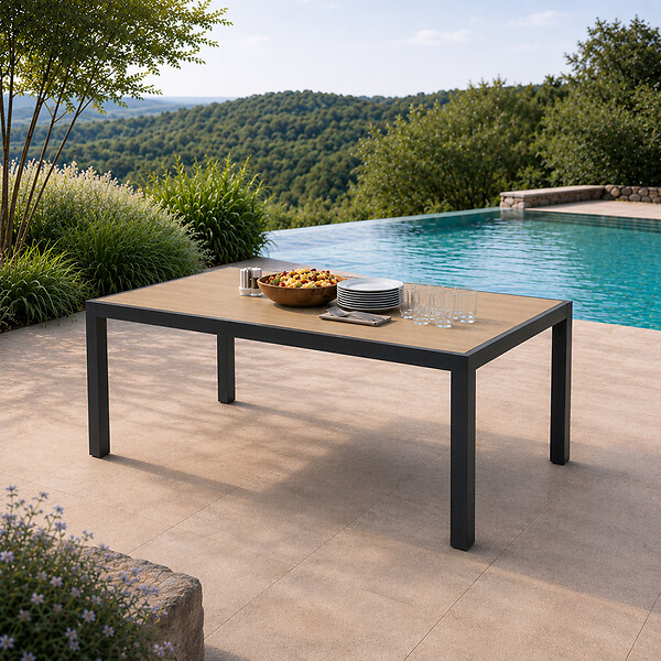 CONCEPT USINE - Table de jardin 200cm en aluminium et avec plateau en verre trempé effet bois LAGOS - large