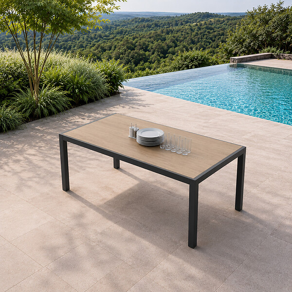 CONCEPT USINE - Table de jardin 200cm en aluminium et avec plateau en verre trempé effet bois LAGOS - large