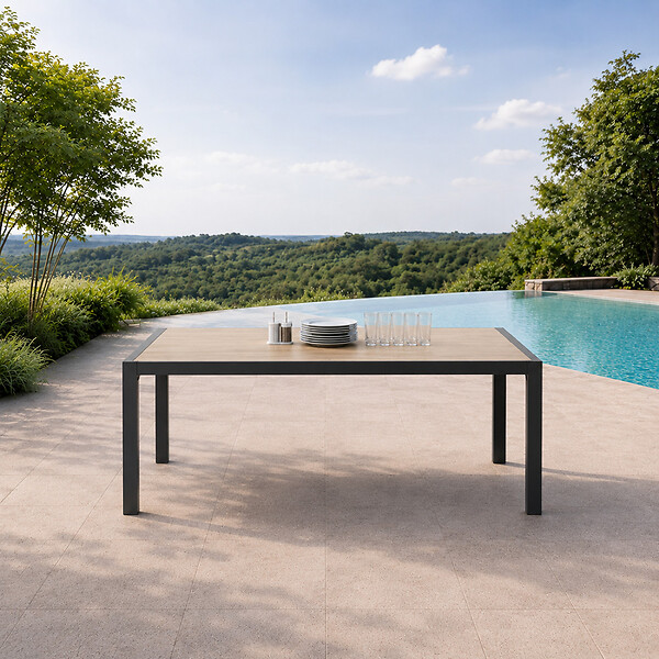 CONCEPT USINE - Table de jardin 200cm en aluminium et avec plateau en verre trempé effet bois LAGOS - large