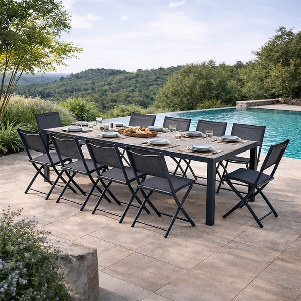 CONCEPT USINE - Table de jardin 200cm en aluminium et avec plateau en verre trempé effet bois LAGOS - large
