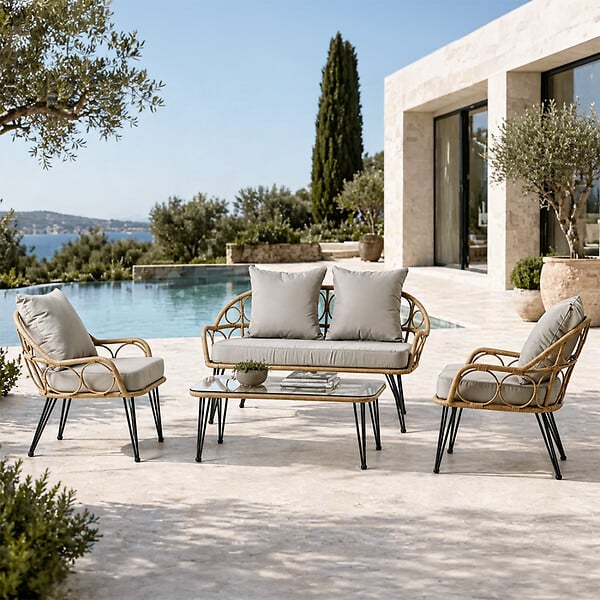 CONCEPT USINE - Salon de jardin 4 places avec table basse effet rotin naturel PORTO - large