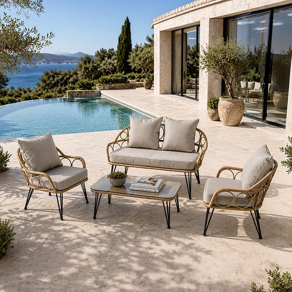 CONCEPT USINE - Salon de jardin 4 places avec table basse effet rotin naturel PORTO - large