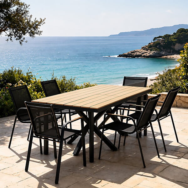 CONCEPT USINE - Ensemble de jardin table 190cm effet bois + 6 fauteuils ALMADA - large